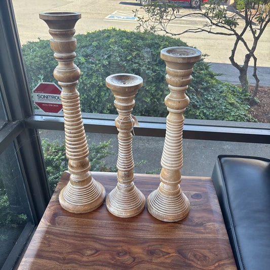 Set Of 3 Tall Turned Candle Sticks