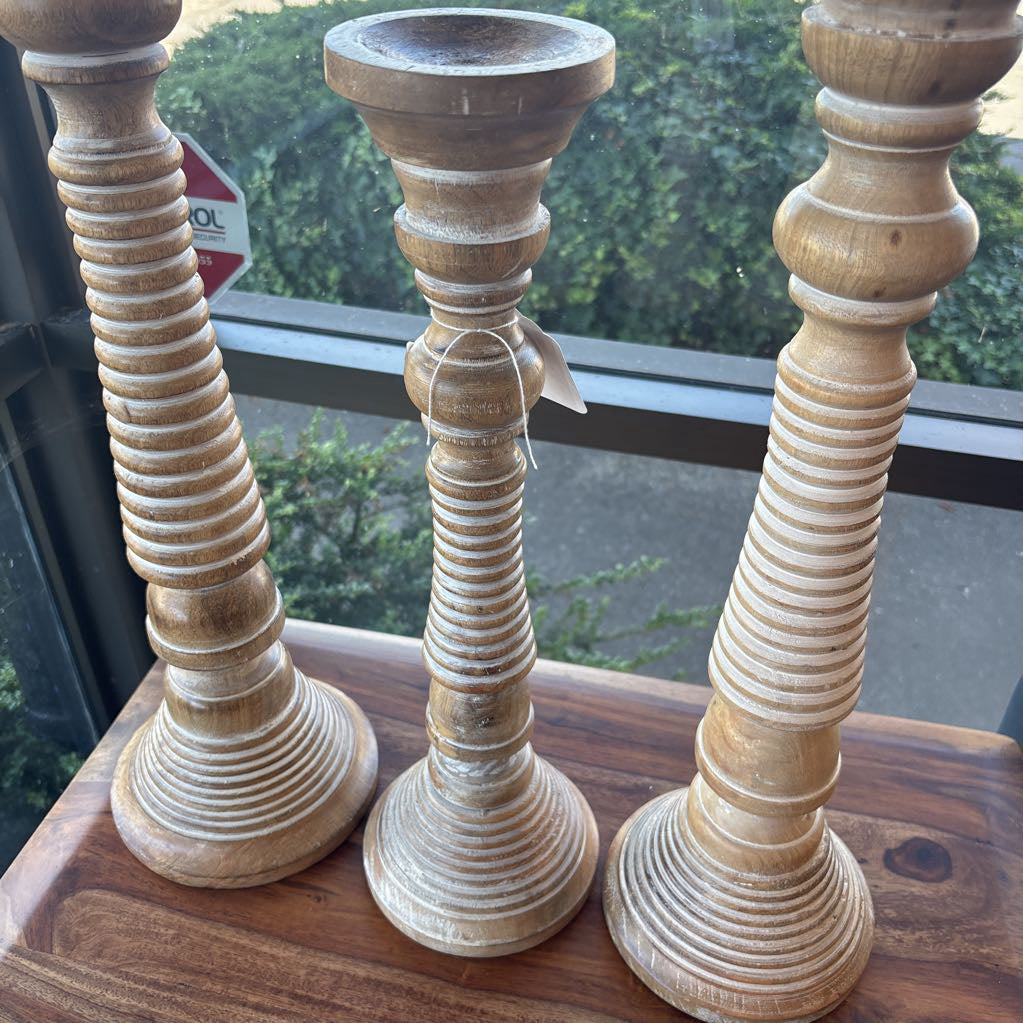 Set Of 3 Tall Turned Candle Sticks