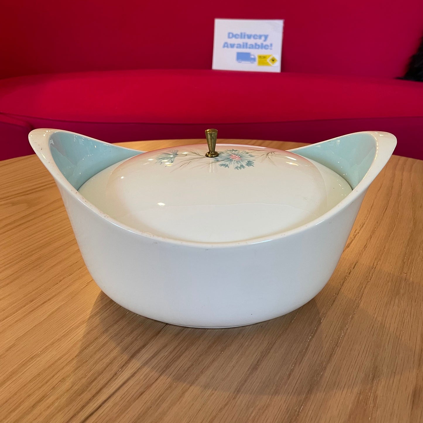 Vintage Oval Casserole with Lid with Finial & Blue Flower