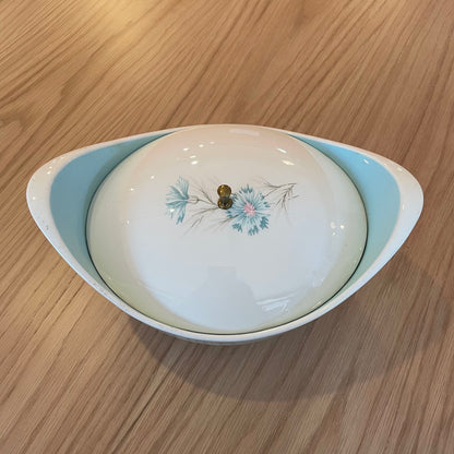 Vintage Oval Casserole with Lid with Finial & Blue Flower