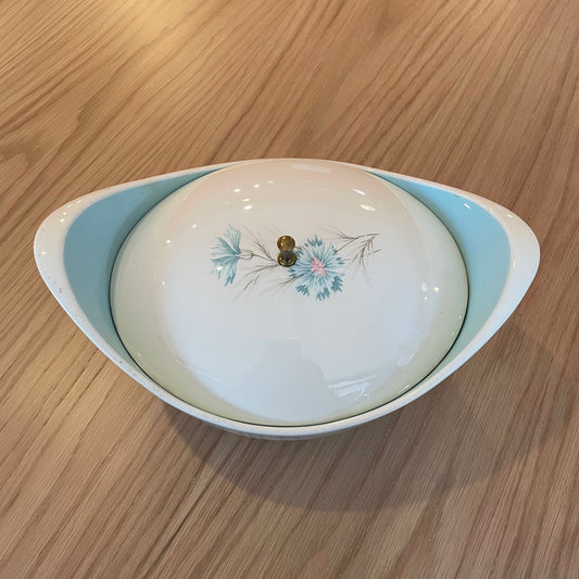 Vintage Oval Casserole with Lid with Finial & Blue Flower UNIQUE FINDS