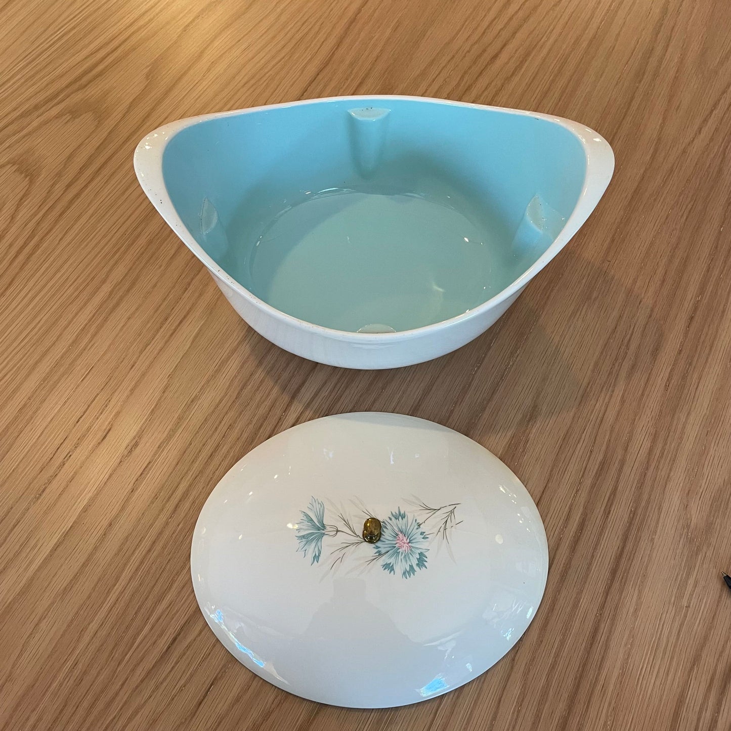 Vintage Oval Casserole with Lid with Finial & Blue Flower
