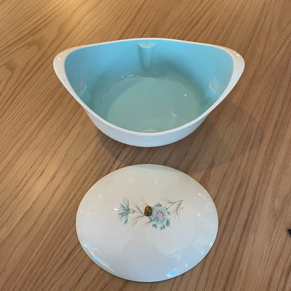 Vintage Oval Casserole with Lid with Finial & Blue Flower