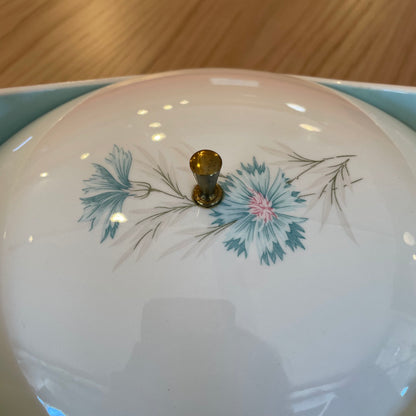 Vintage Oval Casserole with Lid with Finial & Blue Flower