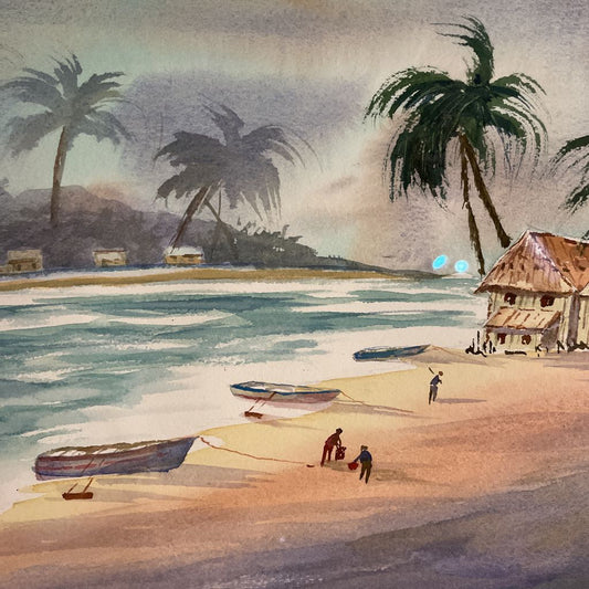 Tropical Beach with Boats and Villagers Art ART