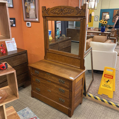 Antique Oak Three Drawer Chest with Tilting Carved Mirror C HIGHBOYS