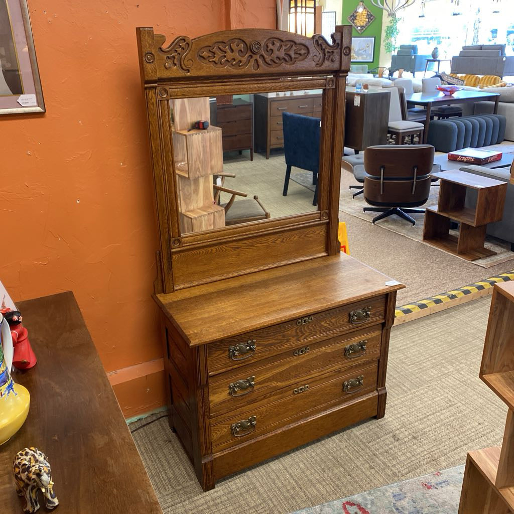 Antique Oak Three Drawer Chest with Tilting Carved Mirror C HIGHBOYS