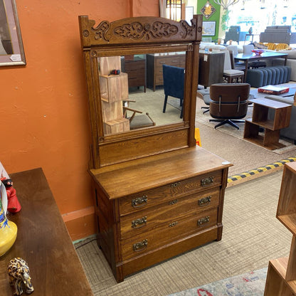Antique Oak Three Drawer Chest with Tilting Carved Mirror C HIGHBOYS