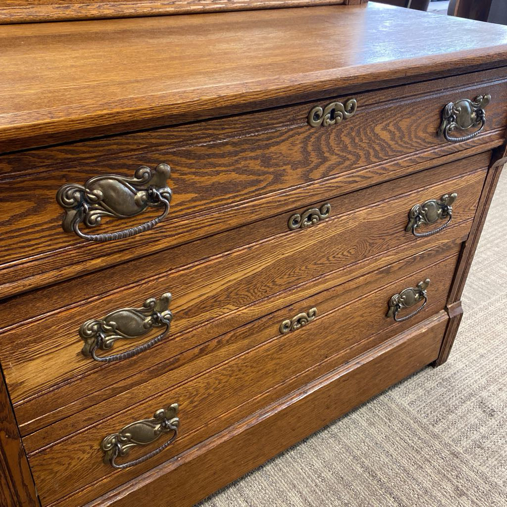 Antique Oak Three Drawer Chest with Tilting Carved Mirror C HIGHBOYS