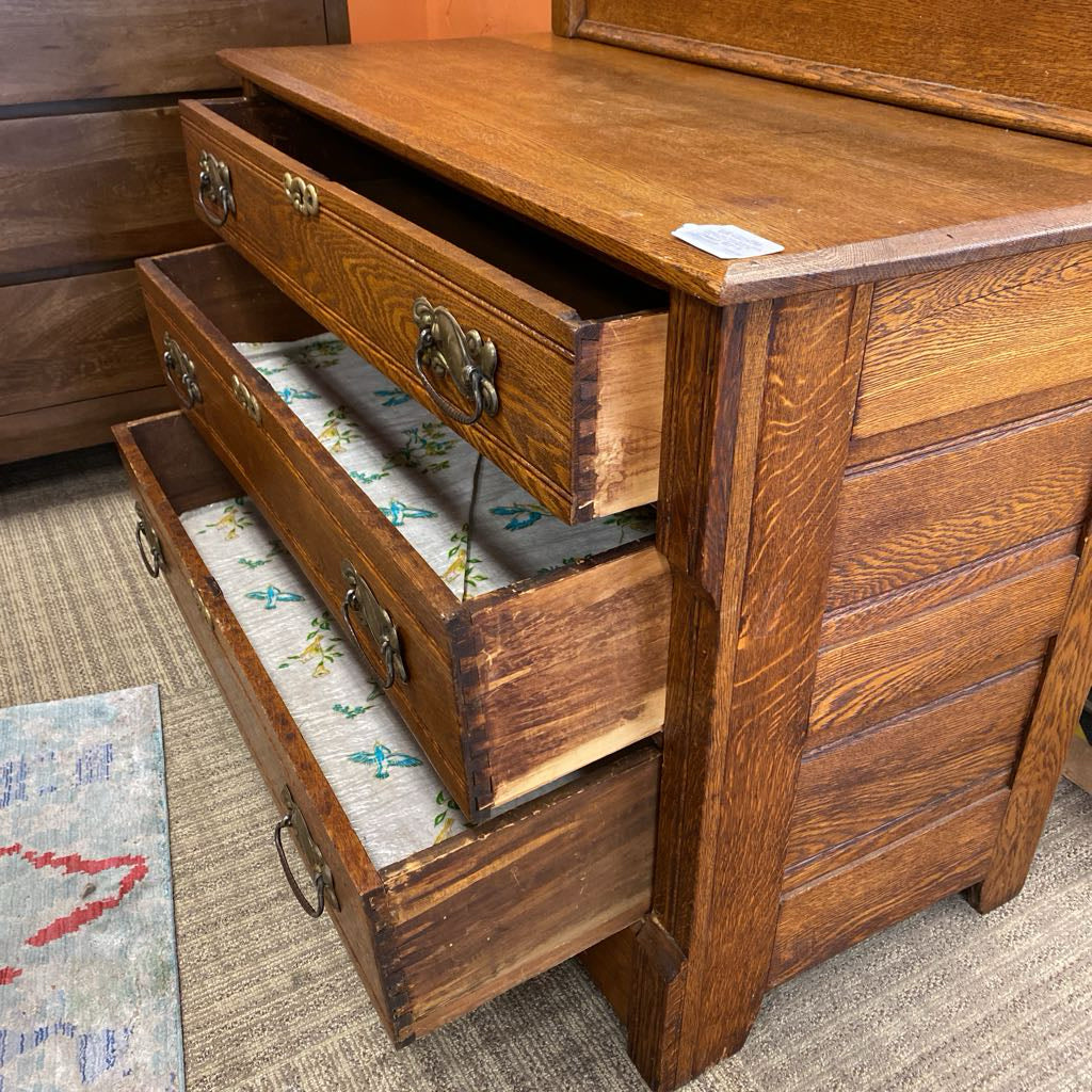 Antique Oak Three Drawer Chest with Tilting Carved Mirror C HIGHBOYS