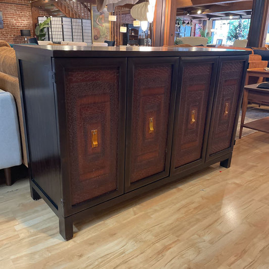 Dark Wood w Red & Orange Design Accordian Door Sideboard C SIDEBOARDS