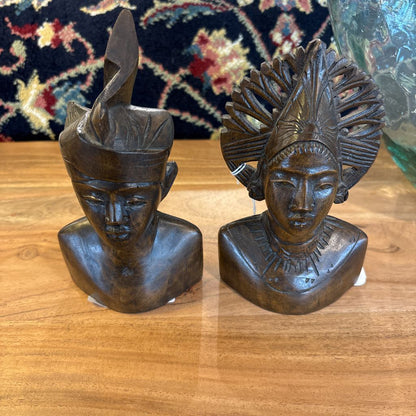 2PC Vintage Teakwood Carved Bali Male & Female Bust SMALLS