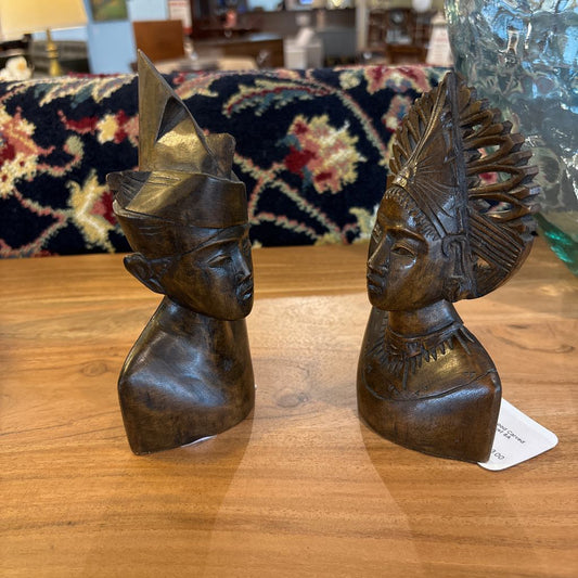 2PC Vintage Teakwood Carved Bali Male & Female Bust