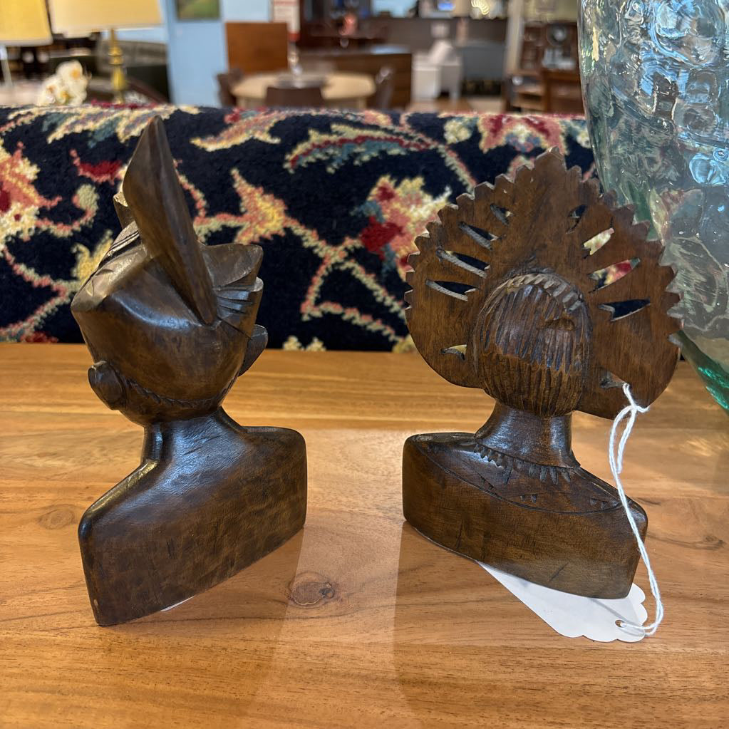 2PC Vintage Teakwood Carved Bali Male & Female Bust SMALLS