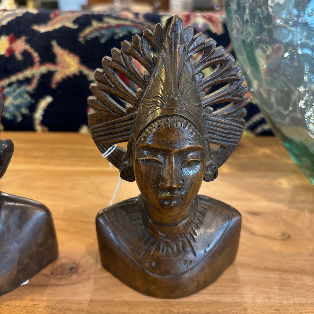 2PC Vintage Teakwood Carved Bali Male & Female Bust SMALLS