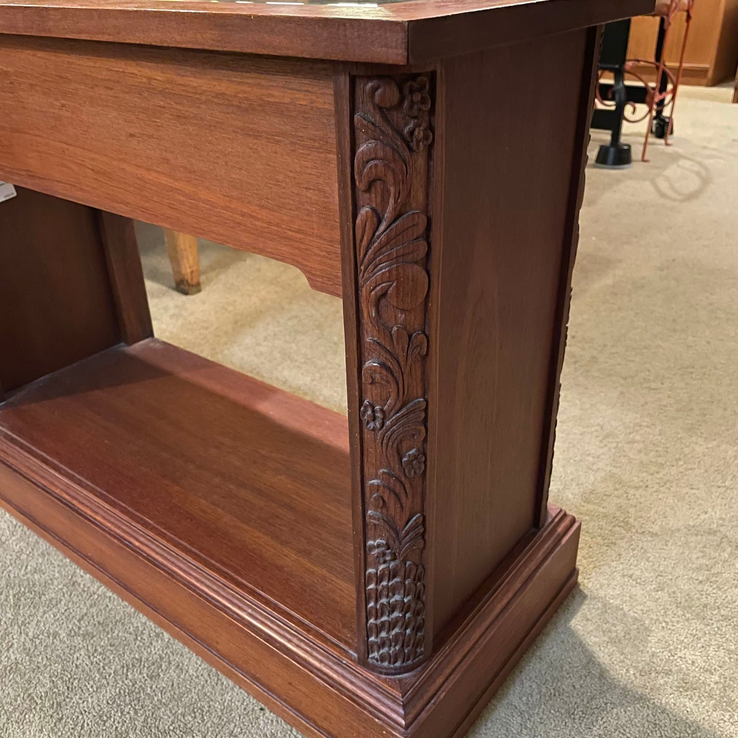 Carved Base Open Unit Glass Top Side Table