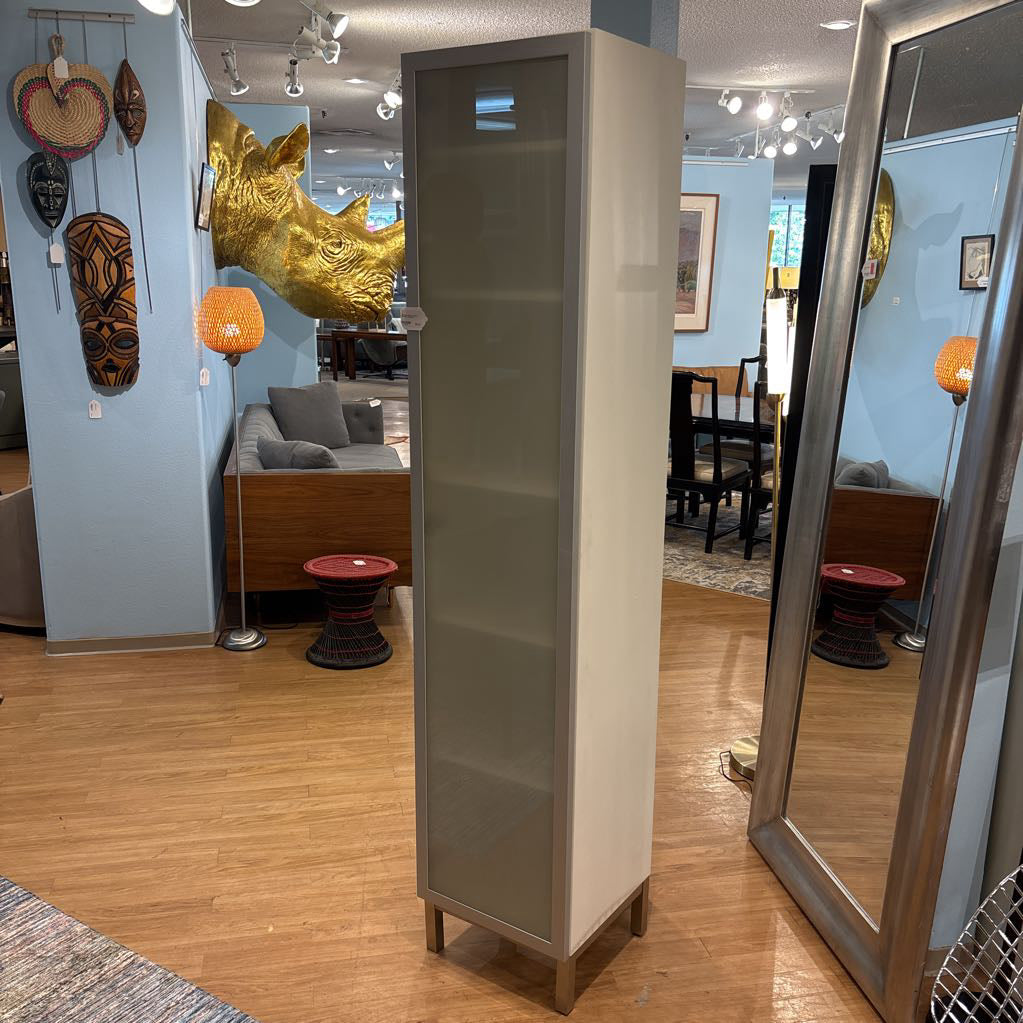 Tall Narrow White & Frosted Glass Door Cabinet