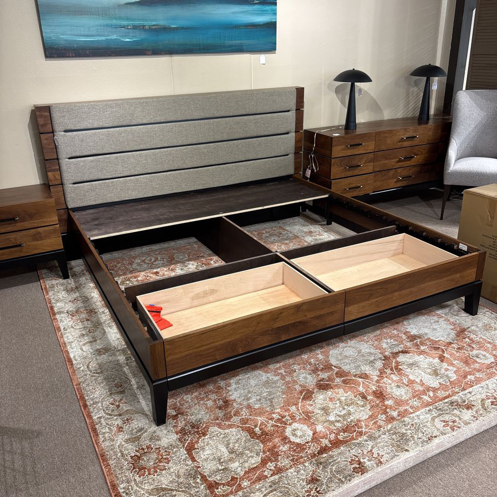 Modern Dark Wood Bed Frame w/Upholstered Headboard