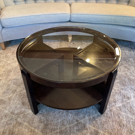 Round Dark Wood Glass Top Coffee Table w/ Removable Side Compartments