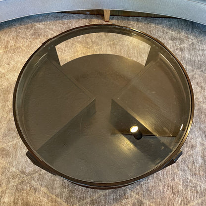 Round Dark Wood Glass Top Coffee Table w/ Removable Side Compartments