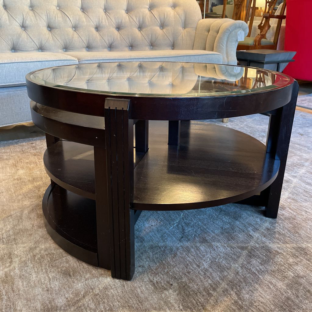 Round Dark Wood Glass Top Coffee Table w/ Removable Side Compartments