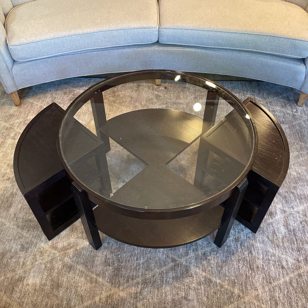 Round Dark Wood Glass Top Coffee Table w/ Removable Side Compartments