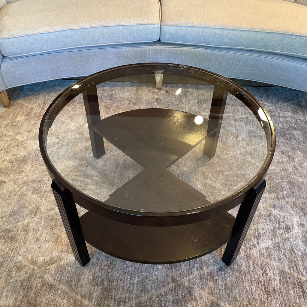 Round Dark Wood Glass Top Coffee Table w/ Removable Side Compartments