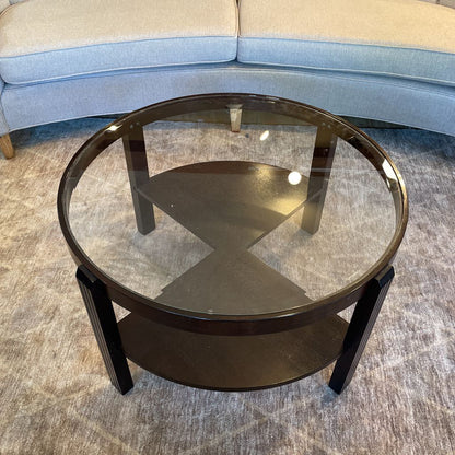 Round Dark Wood Glass Top Coffee Table w/ Removable Side Compartments
