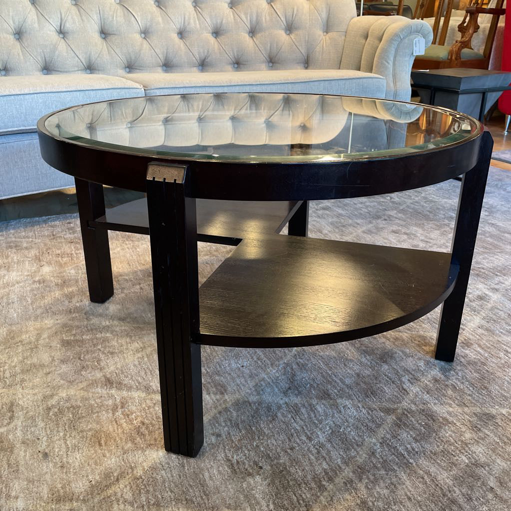 Round Dark Wood Glass Top Coffee Table w/ Removable Side Compartments