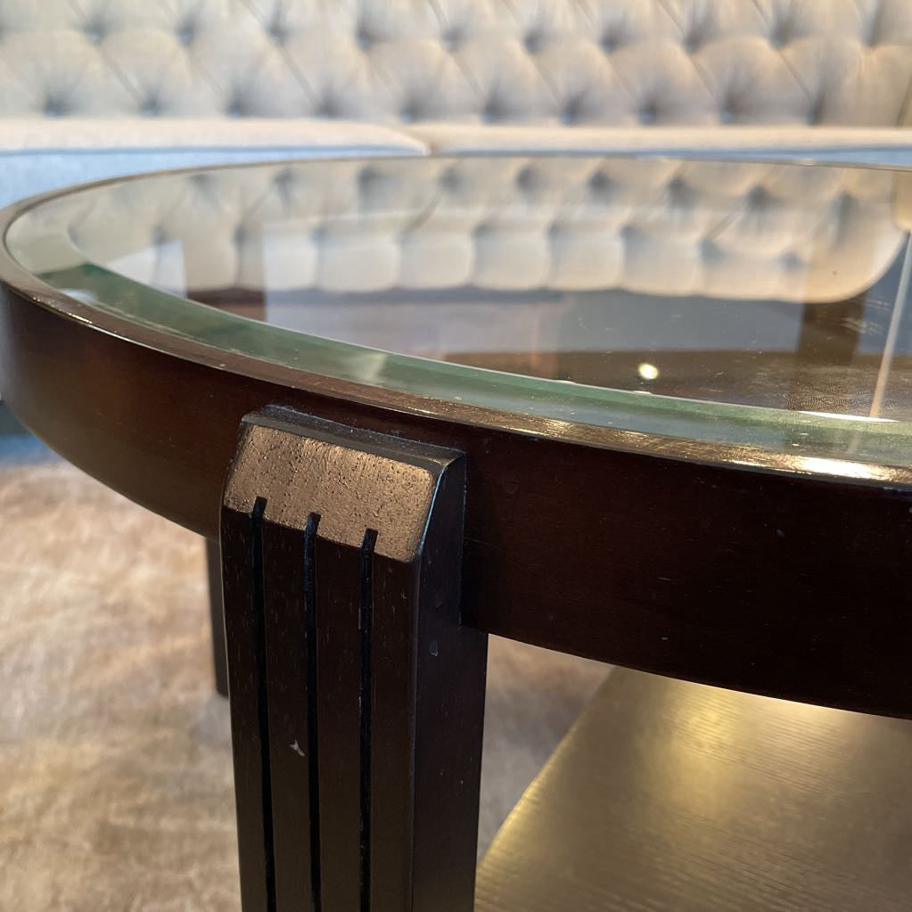 Round Dark Wood Glass Top Coffee Table w/ Removable Side Compartments