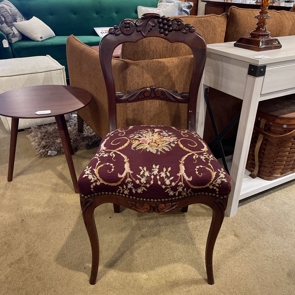 Carved Victorian Style Chairs w/ Fruit Motifs & Floral Upholstery SET of 2 C DINING CHAIRS