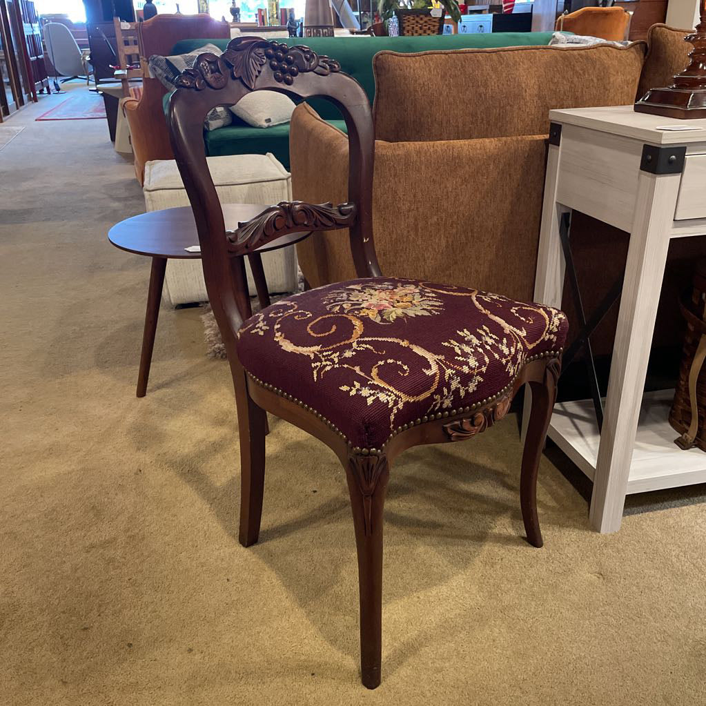 Carved Victorian Style Chairs w/ Fruit Motifs & Floral Upholstery SET of 2 C DINING CHAIRS