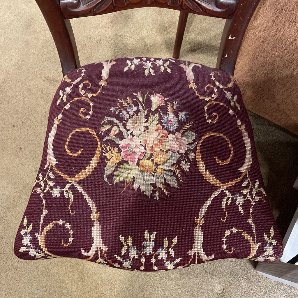 Carved Victorian Style Chairs w/ Fruit Motifs & Floral Upholstery SET of 2 C DINING CHAIRS