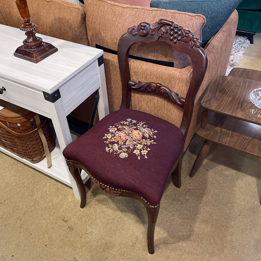 Carved Victorian Style Chairs w/ Fruit Motifs & Floral Upholstery SET of 2 C DINING CHAIRS