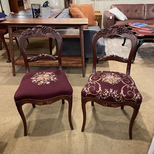 Carved Victorian Style Chairs w/ Fruit Motifs & Floral Upholstery SET of 2 C DINING CHAIRS