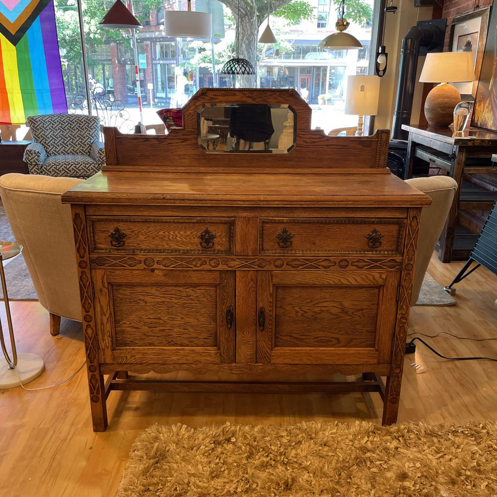 Vintage Oak Buffet with Octagon Mirror