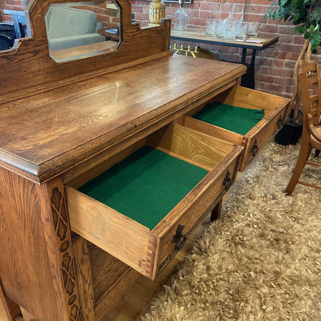 Vintage Oak Buffet with Octagon Mirror