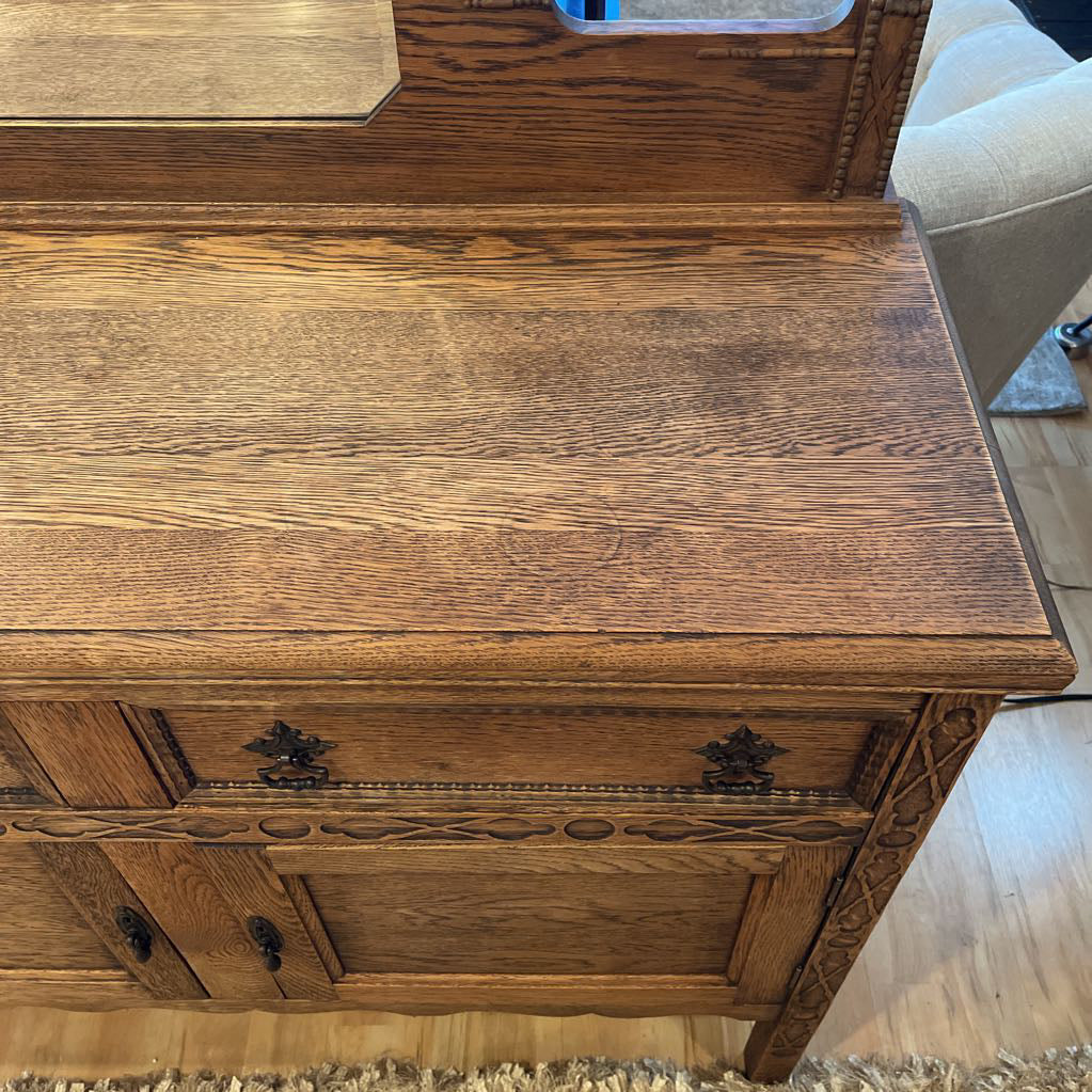 Vintage Oak Buffet with Octagon Mirror