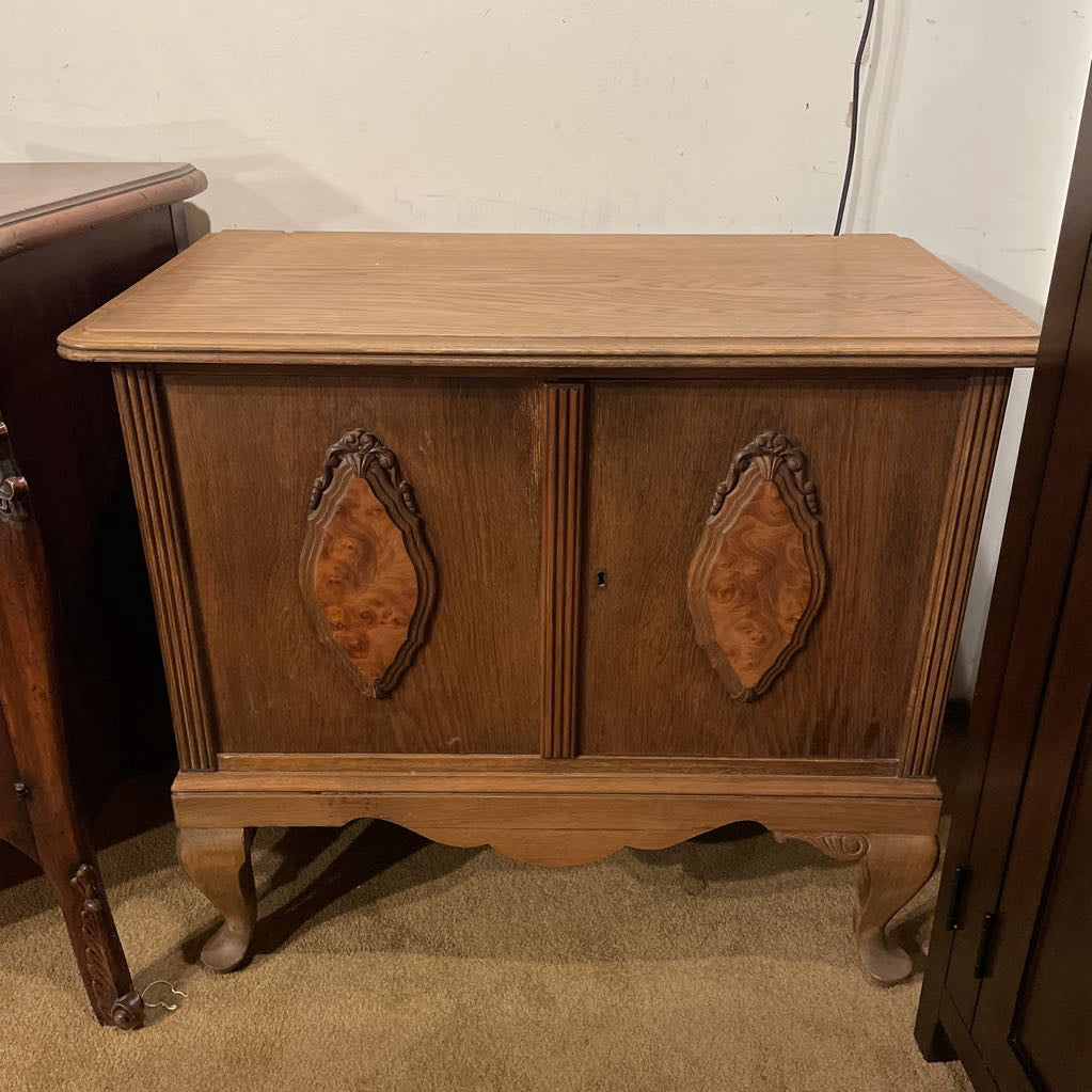 Low Two Drawer Cabinet with Burl Medalions (AS IS)