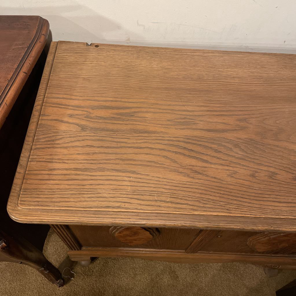 Low Two Drawer Cabinet with Burl Medalions (AS IS)
