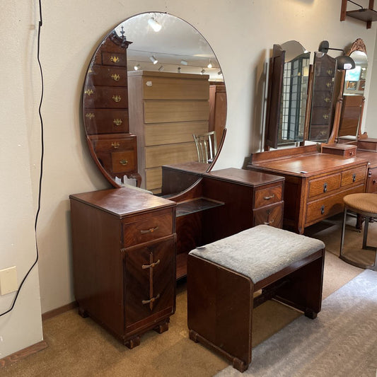 Glam Art Deco Vanity Circle Mirror & Stool C MIRRORS