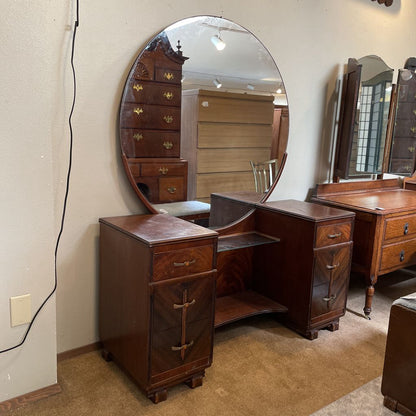 Glam Art Deco Vanity Circle Mirror & Stool