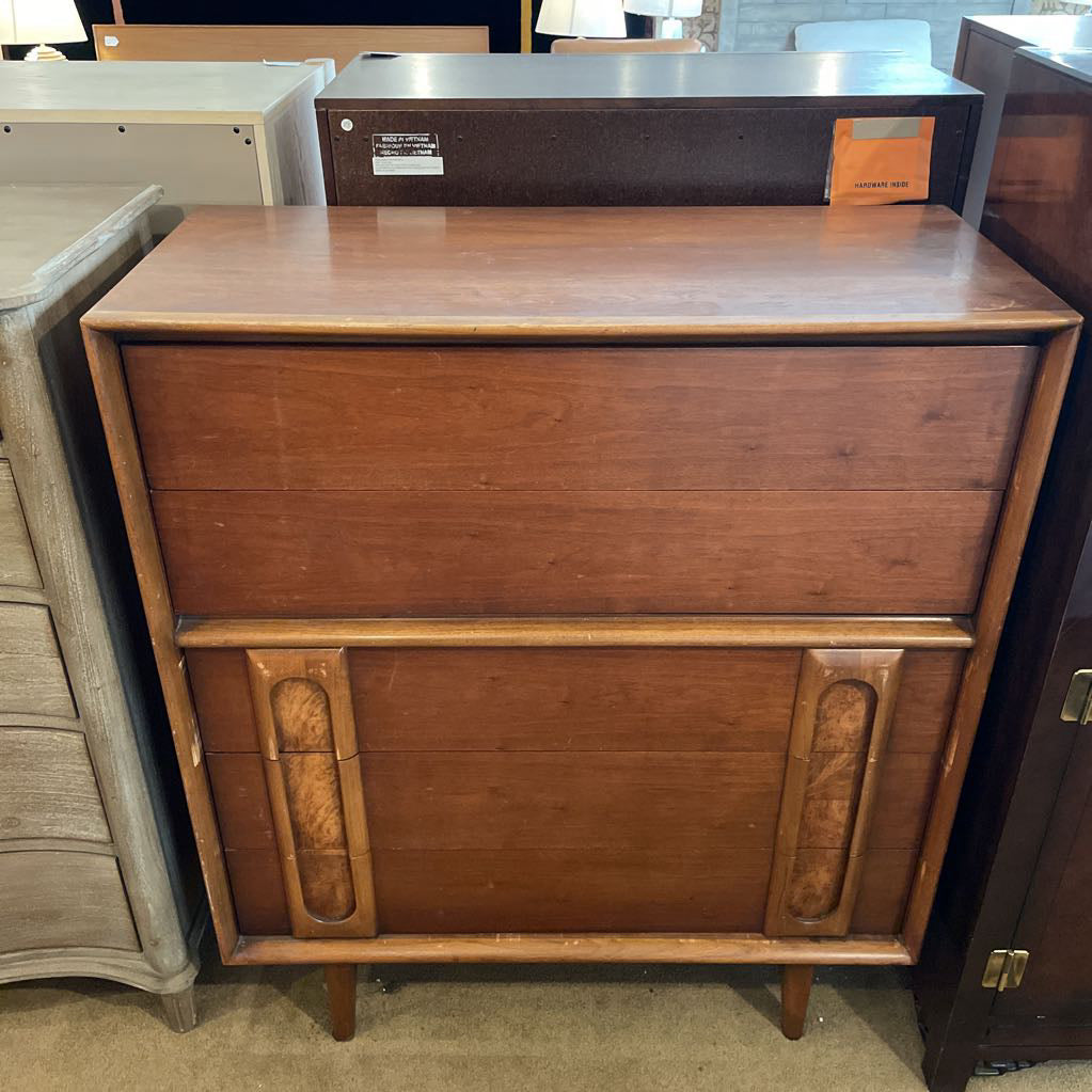 Lane Vintage Walnut and Burlwood Five Drawer Dresser
