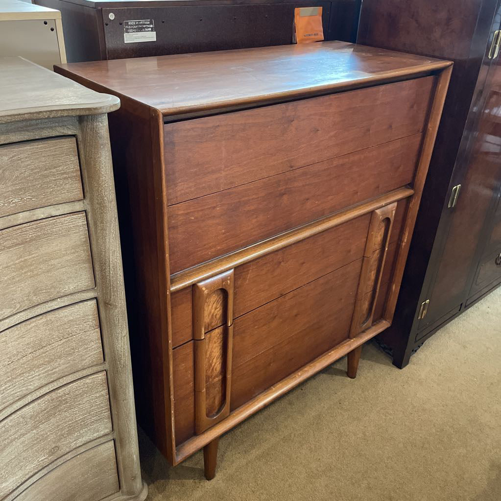 Lane Vintage Walnut and Burlwood Five Drawer Dresser
