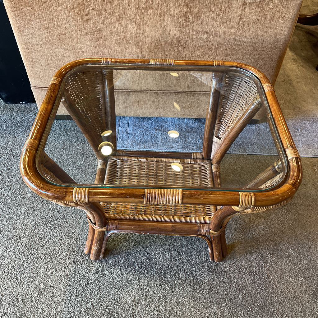 Woven Bamboo Glass Top Side Table C SIDE TABLES