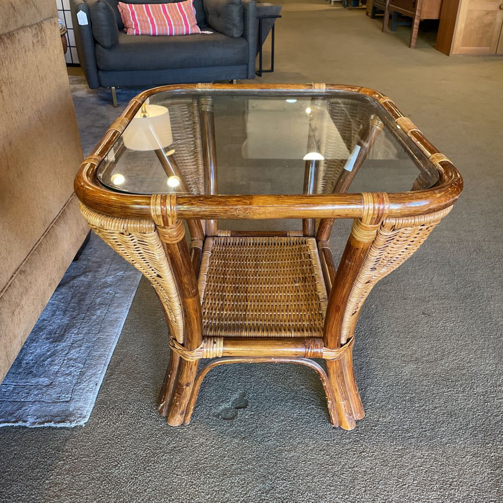 Woven Bamboo Glass Top Side Table C SIDE TABLES