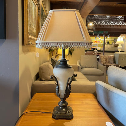 Frosted Glass & Bronze Lamp w/ Beaded Shade