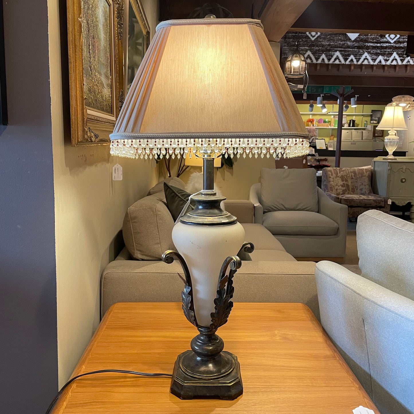 Frosted Glass & Bronze Lamp w/ Beaded Shade