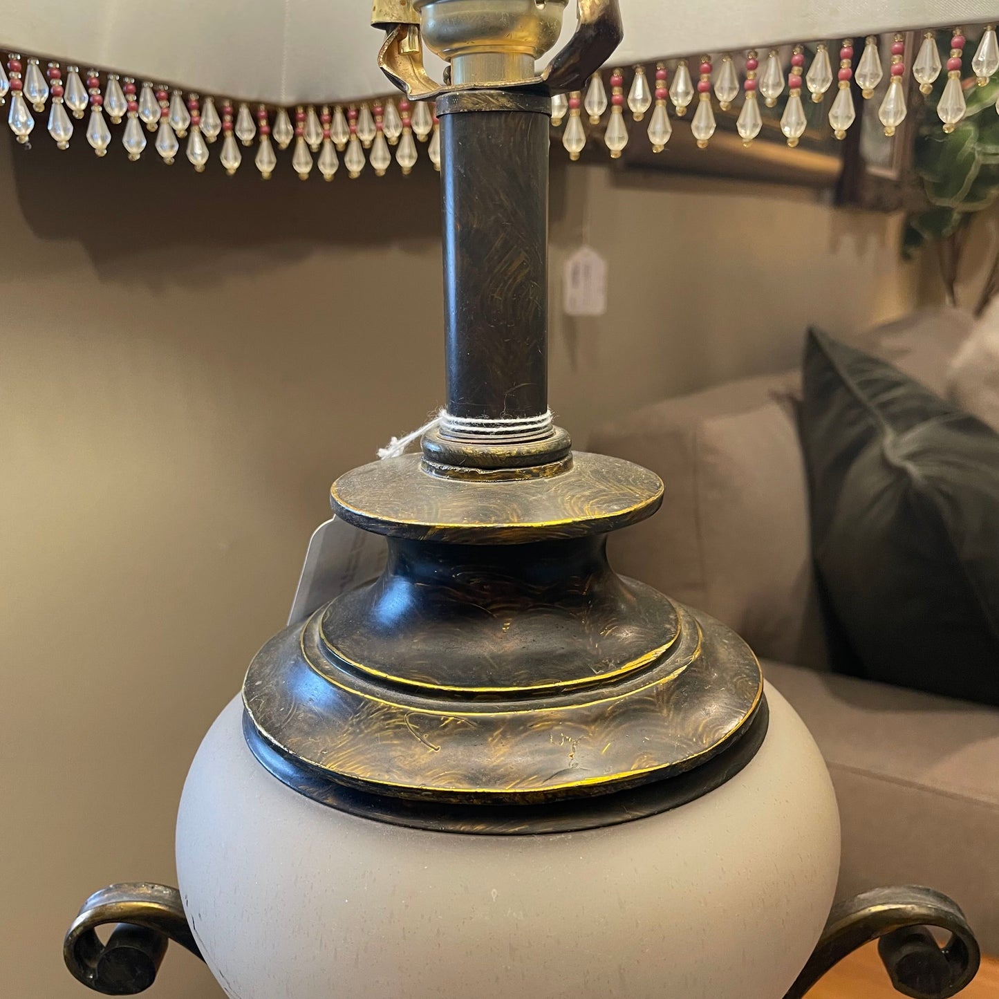 Frosted Glass & Bronze Lamp w/ Beaded Shade