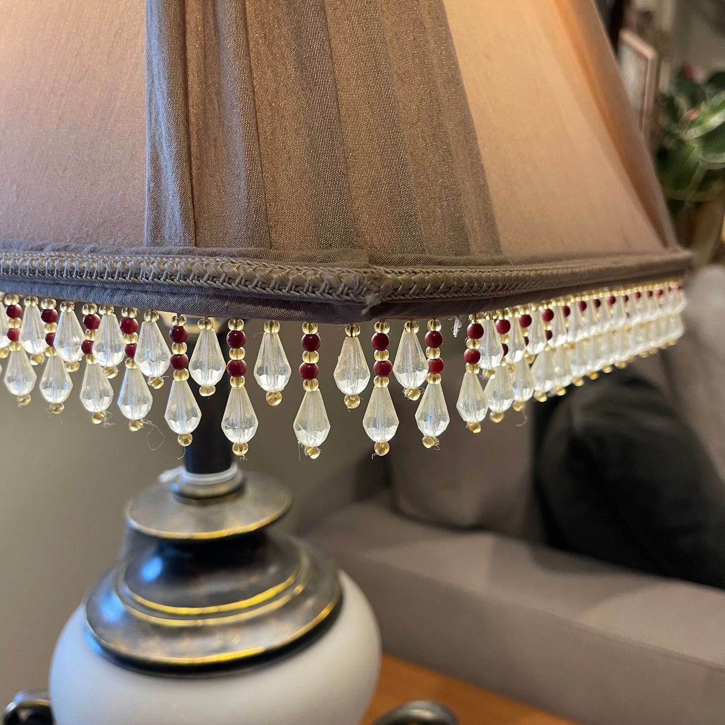 Frosted Glass & Bronze Lamp w/ Beaded Shade